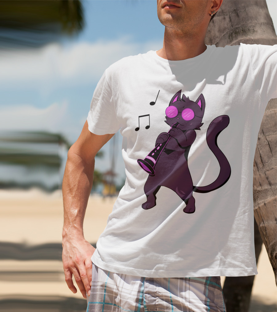 Clarinet Playing Cool Cat Hippy Hipster Kitty With Sunglasses T-Shirt