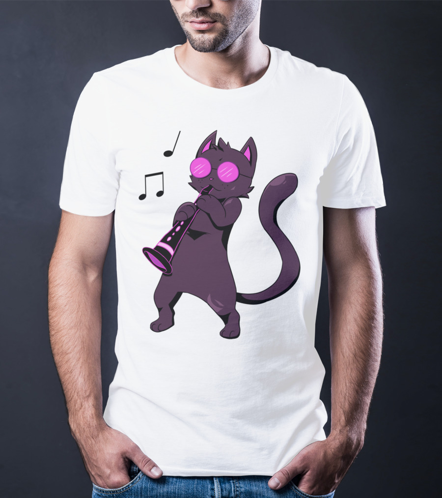 Clarinet Playing Cool Cat Hippy Hipster Kitty With Sunglasses T-Shirt