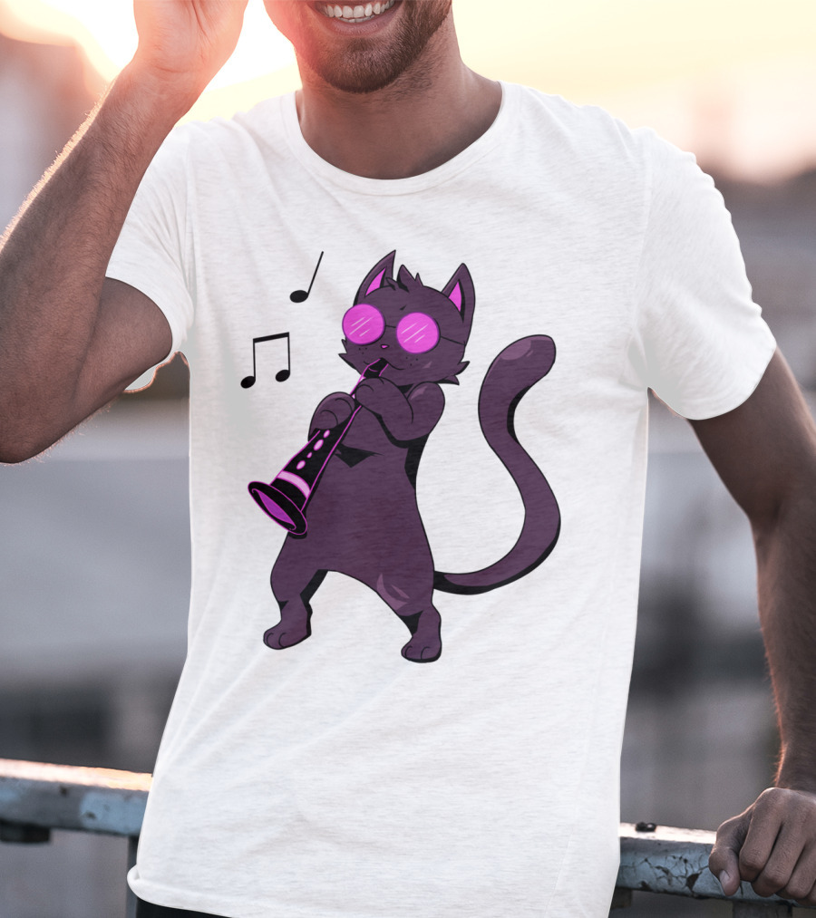 Clarinet Playing Cool Cat Hippy Hipster Kitty With Sunglasses T-Shirt