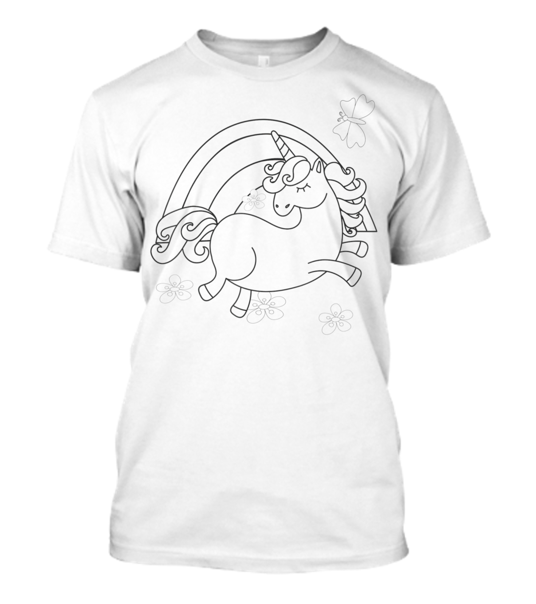 Coloring Book Style Cute Unicorn Rainbow Butterfly Flowers T-Shirt