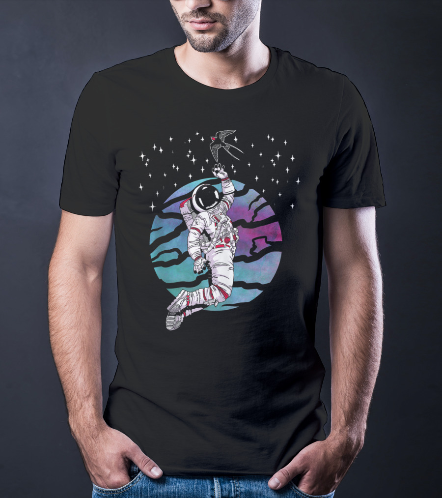 Cosmic Apparition Astronaut Reaches For Celestial Bird In Starry Universe T-Shirt