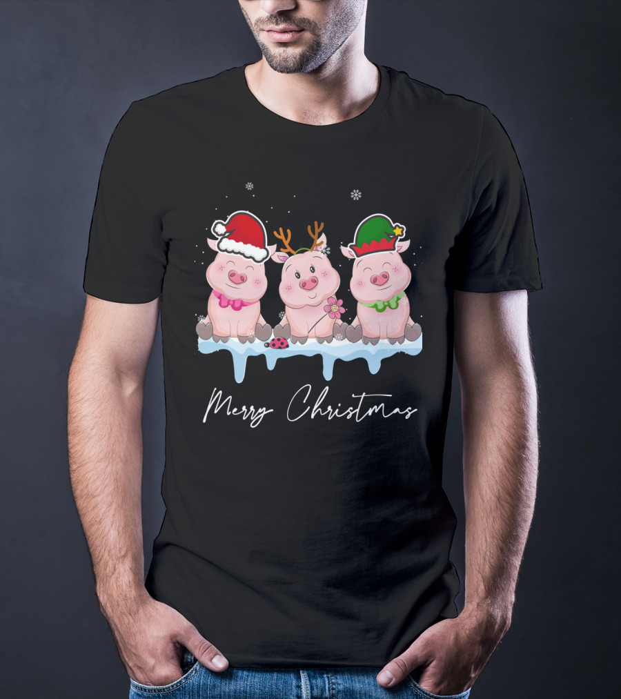 Merry Christmas Cute Pig Santa Hat Xmas Holiday Trio T-Shirt