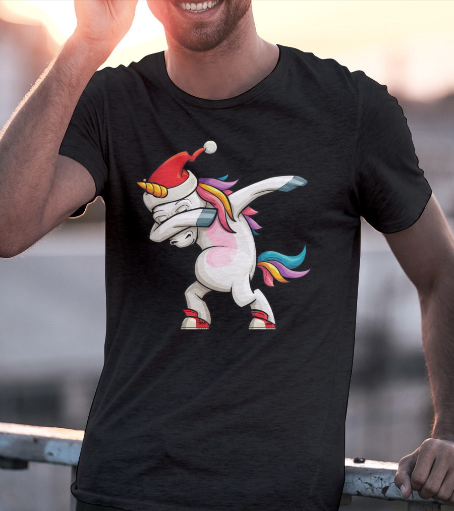 Dabbing Santacorn Xmas Funny Santa Unicorn Rainbow Mane Santa Hat T-Shirt