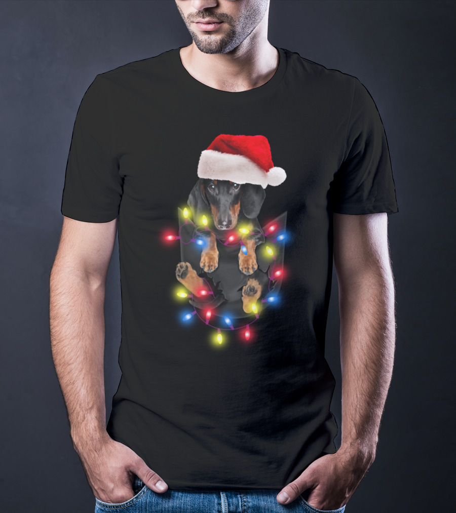 Dachshund Santa Hat Christmas Lights In Pocket Festive Holiday Puppy T-Shirt