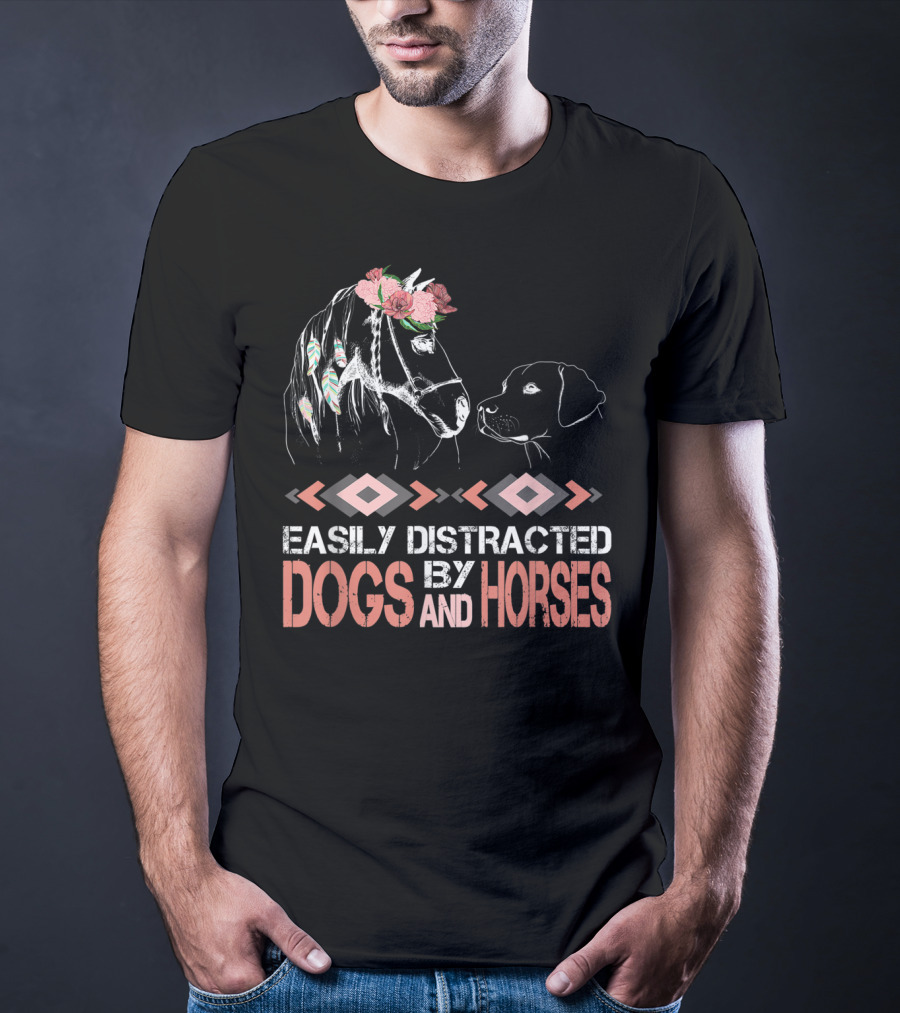 Easily Distracted By Dogs And Horses Horse With Flowers And Feathers T-Shirt