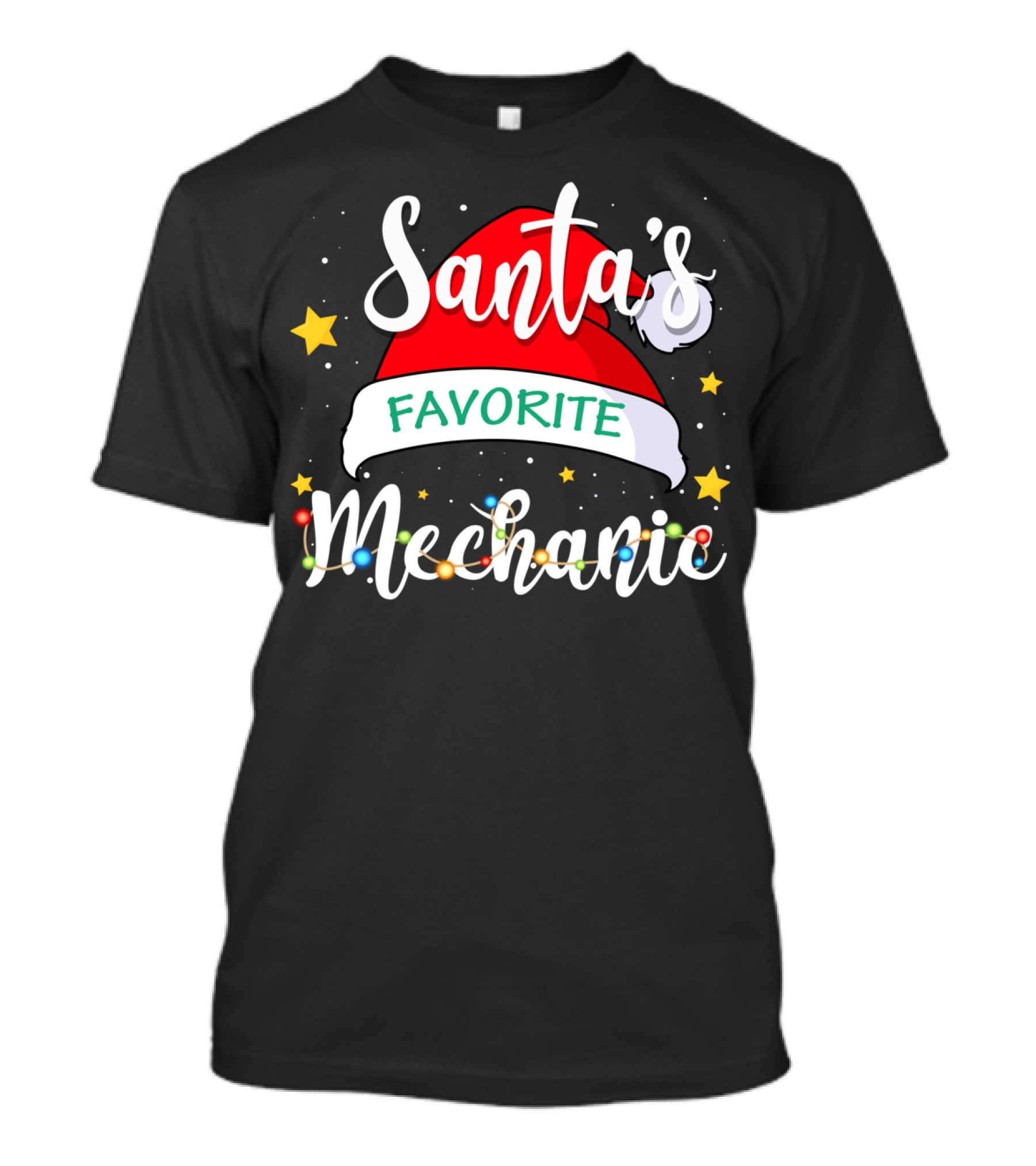Santa's Favorite Mechanic Christmas Costume With Santa Hat And Holiday Lights T-Shirt