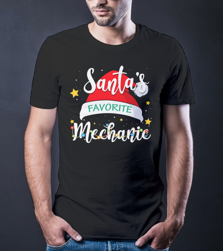 Santa's Favorite Mechanic Christmas Costume With Santa Hat And Holiday Lights T-Shirt