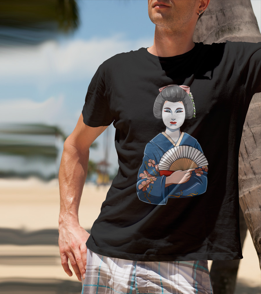Geisha Girl Traditional Japanese Kimono Fan Blossoms T-Shirt