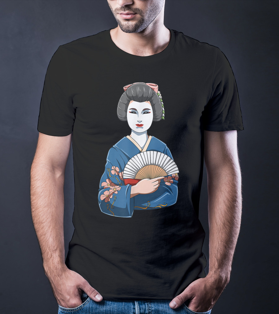 Geisha Girl Traditional Japanese Kimono Fan Blossoms T-Shirt