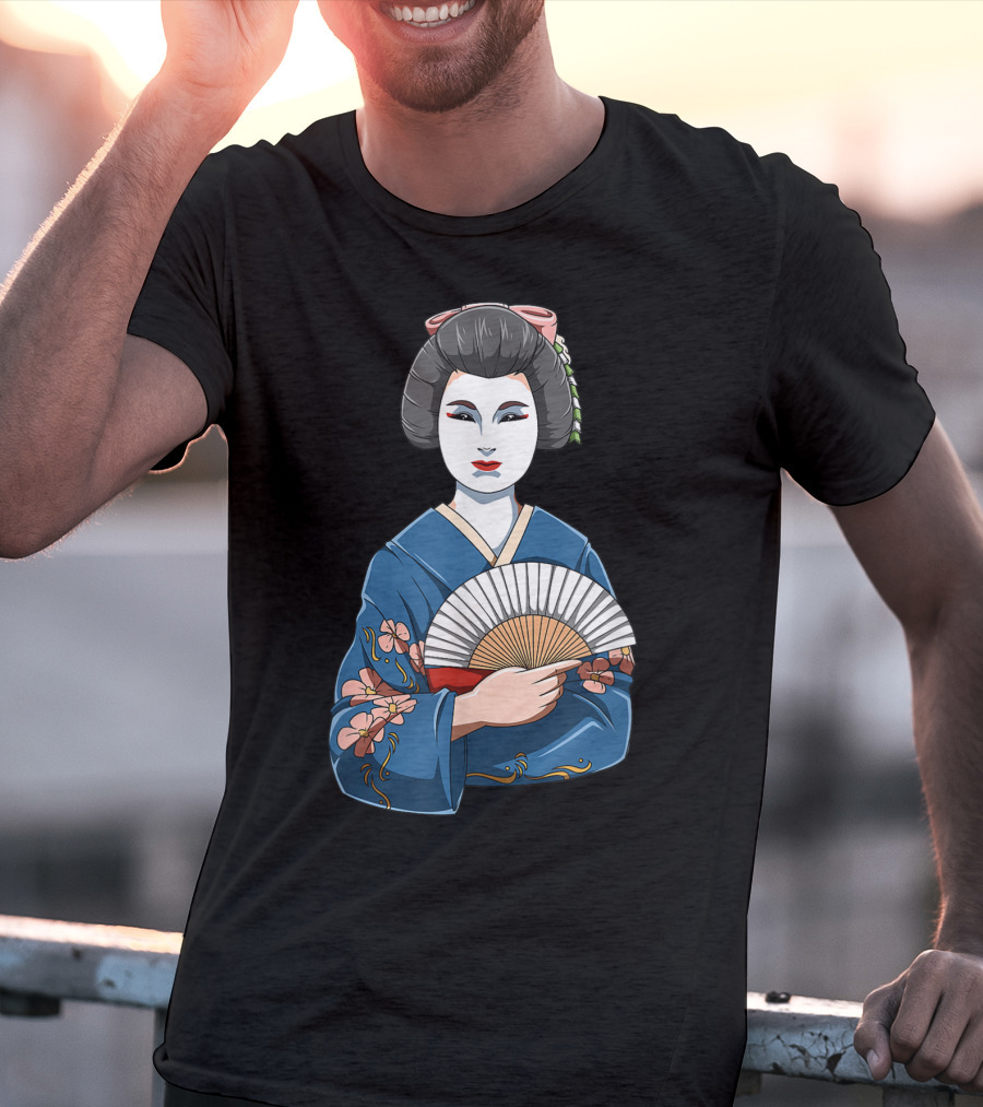 Geisha Girl Traditional Japanese Kimono Fan Blossoms T-Shirt