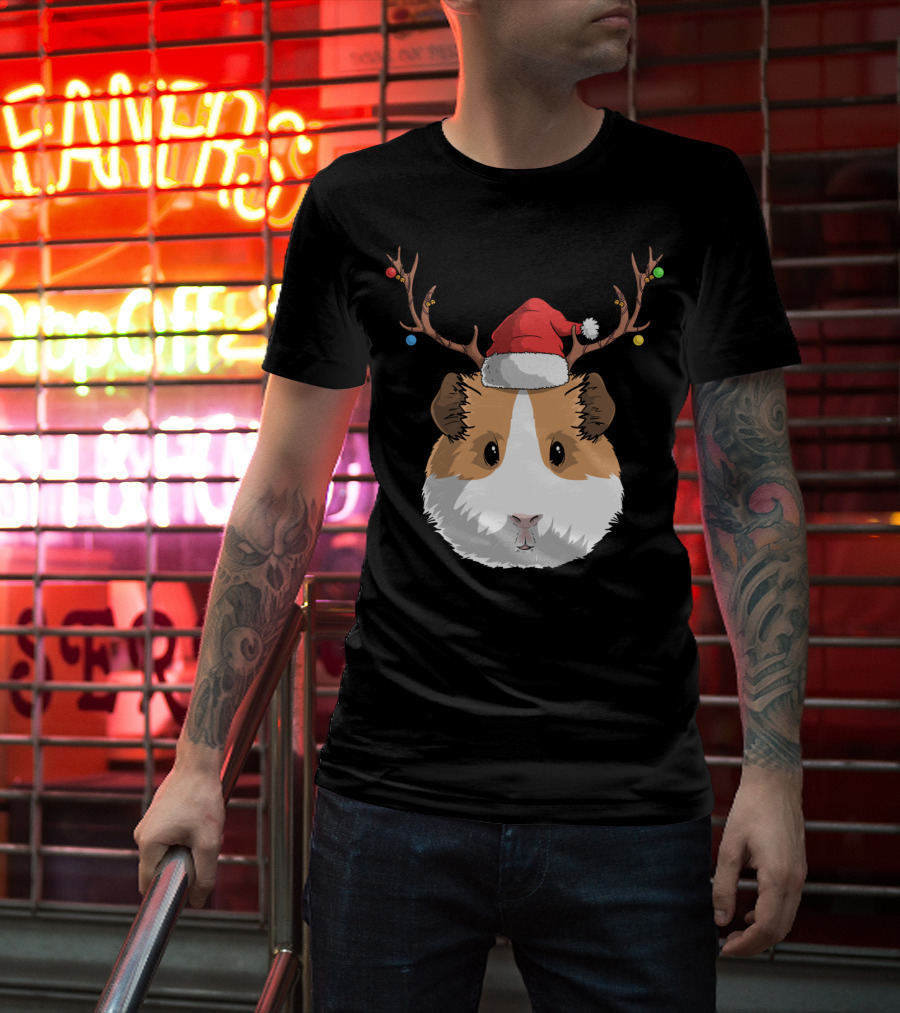 Santa Claus Hat Guinea Pig Reindeer Christmas Holiday T-Shirt