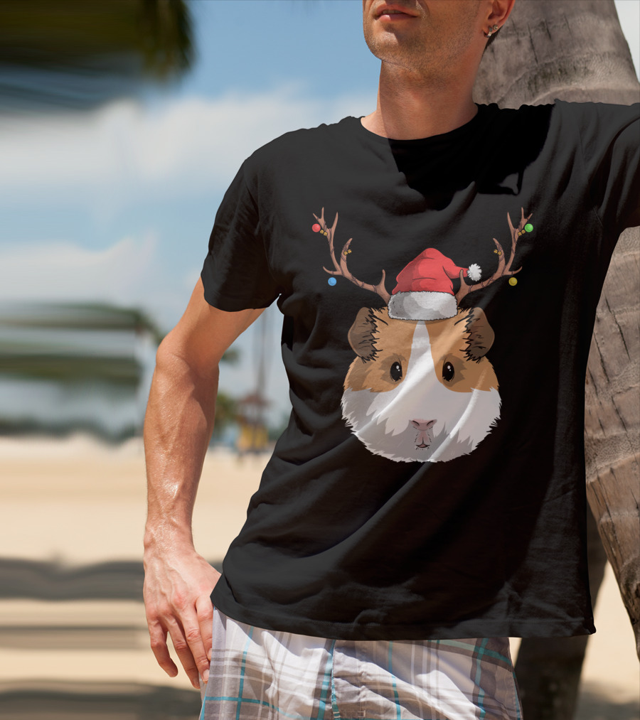 Santa Claus Hat Guinea Pig Reindeer Christmas Holiday T-Shirt