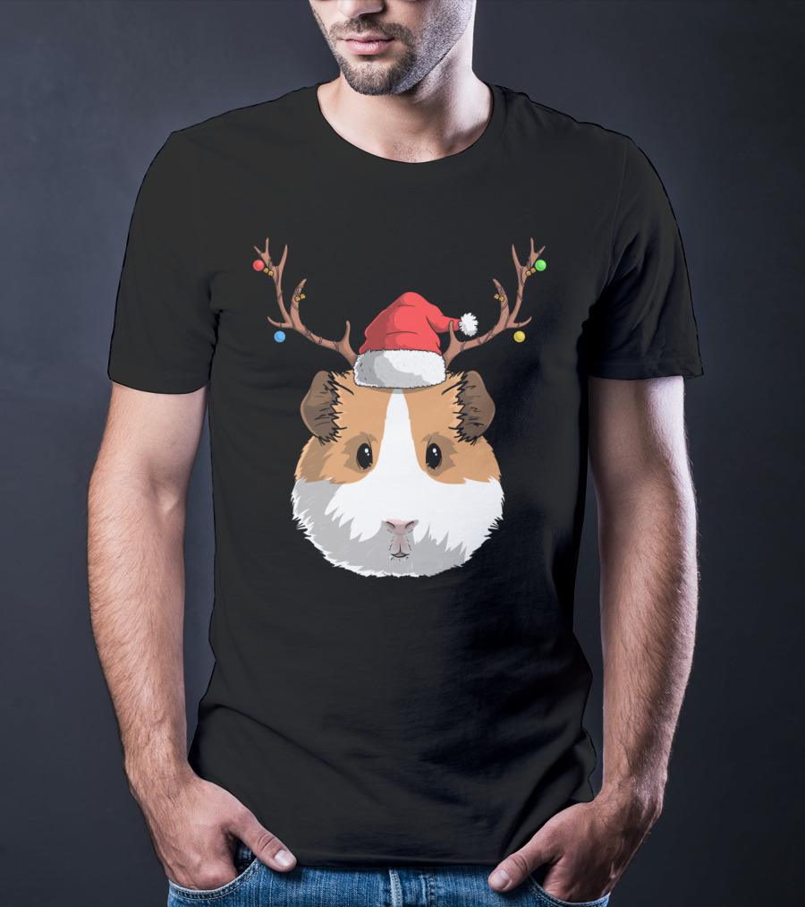 Santa Claus Hat Guinea Pig Reindeer Christmas Holiday T-Shirt