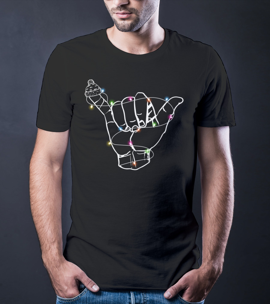 Hang Loose Christmas Shaka Sign With Santa Hat And Holiday Lights T-Shirt