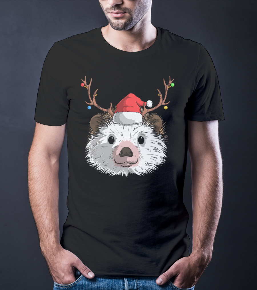 Hedgehog Santa Claus Hat Antlers Christmas Holiday T-Shirt