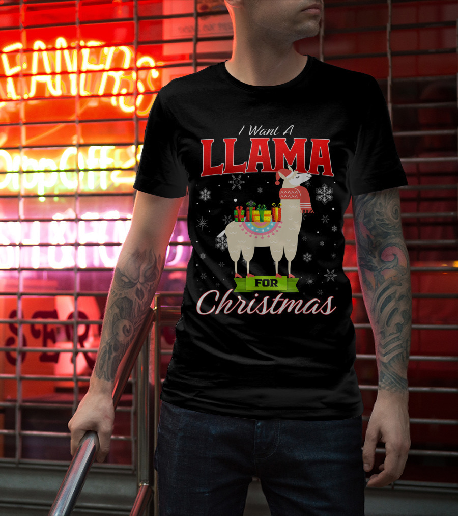I Want A Llama For Christmas Santa Hat Snowflakes T-Shirt