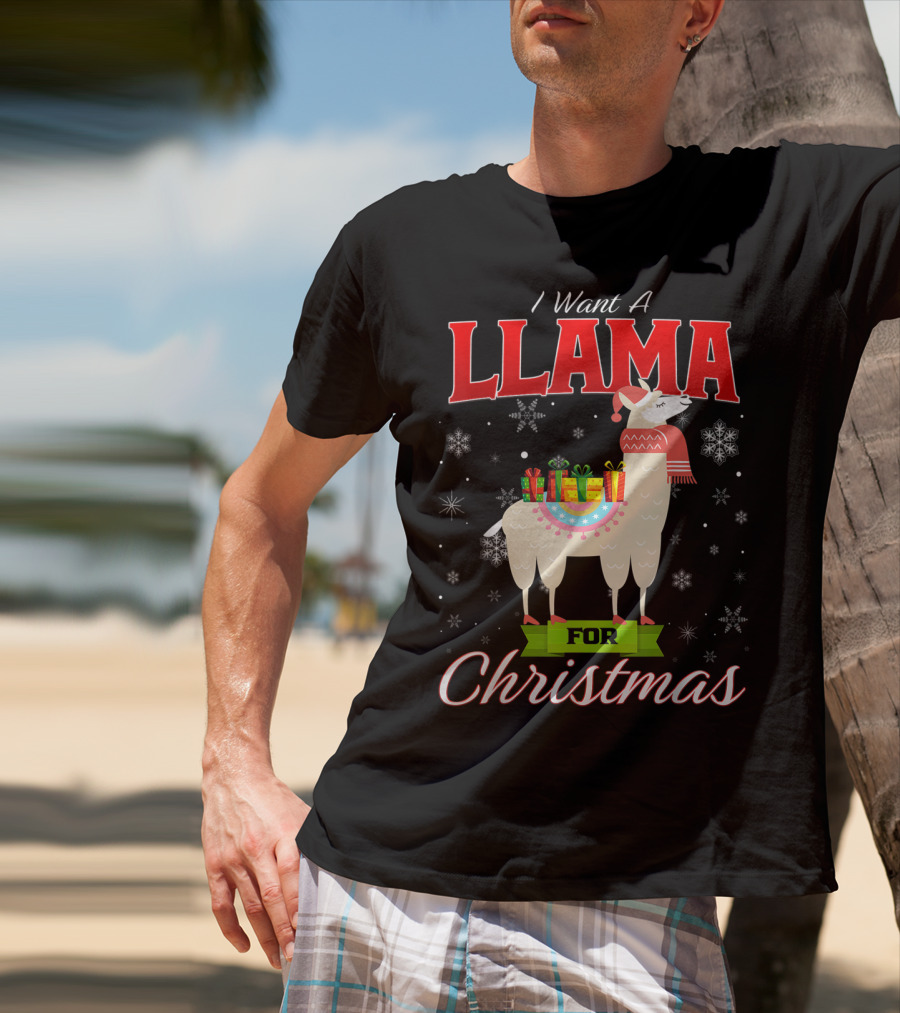 I Want A Llama For Christmas Santa Hat Snowflakes T-Shirt