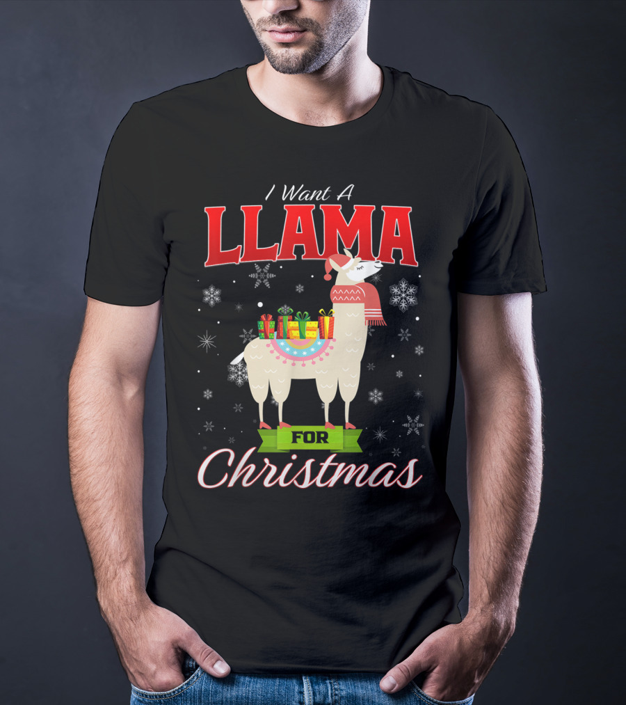 I Want A Llama For Christmas Santa Hat Snowflakes T-Shirt
