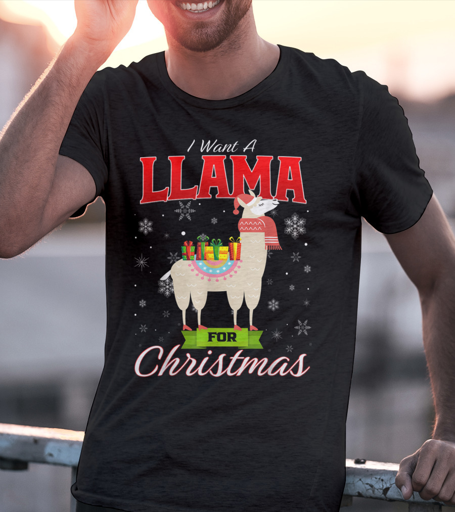 I Want A Llama For Christmas Santa Hat Snowflakes T-Shirt