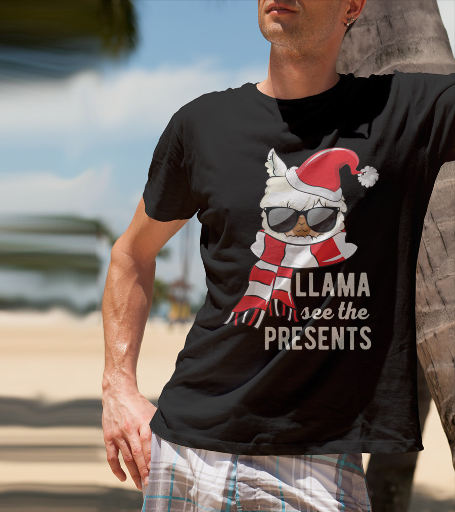 Llama See The Presents Funny Hat Xmas Alpaca Christmas Santa Scarf Sunglasses T-Shirt