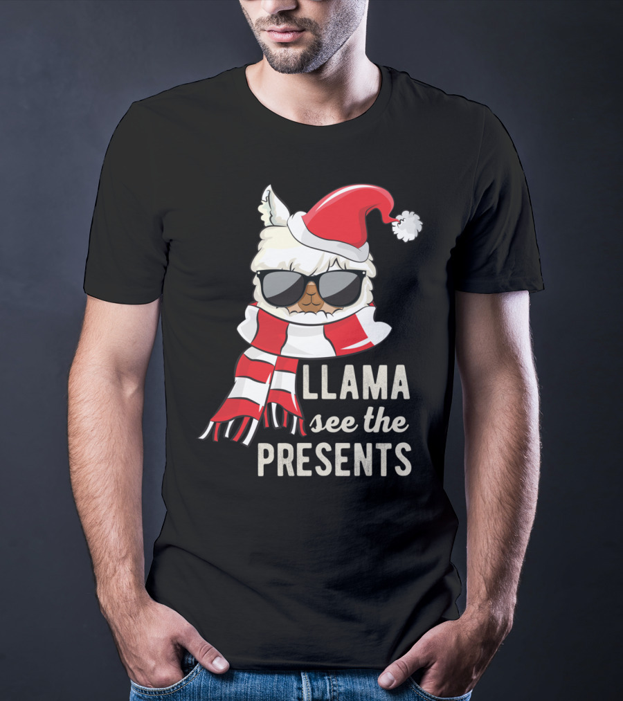 Llama See The Presents Funny Hat Xmas Alpaca Christmas Santa Scarf Sunglasses T-Shirt