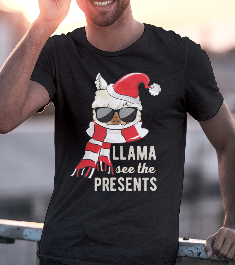 Llama See The Presents Funny Hat Xmas Alpaca Christmas Santa Scarf Sunglasses T-Shirt