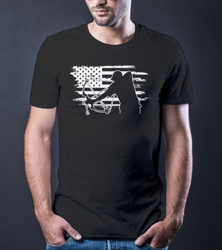 Dad Bowfishing Archer Silhouette With American Flag Background T-Shirt