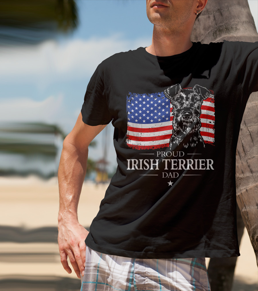 Proud Irish Terrier Dad With American Flag Background T-Shirt