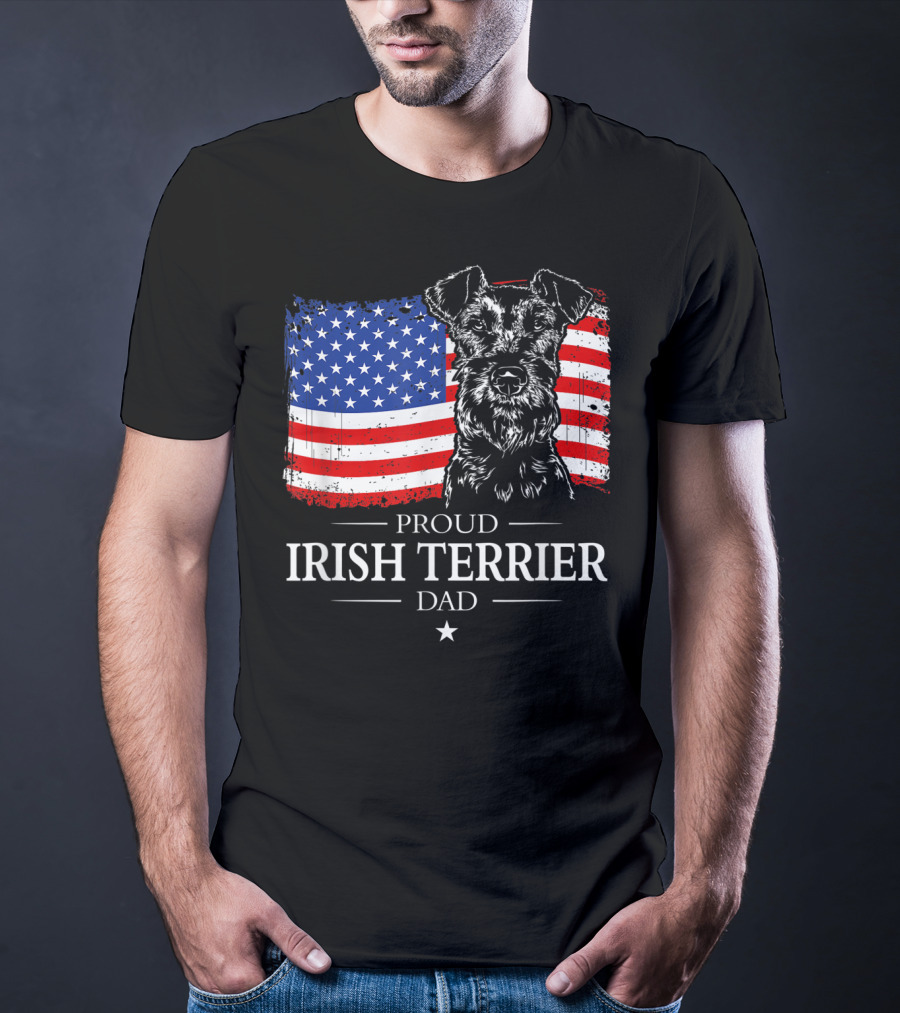 Proud Irish Terrier Dad With American Flag Background T-Shirt