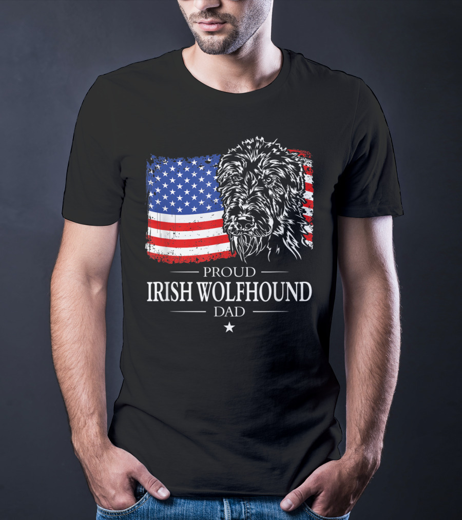 Proud Irish Wolfhound Dad American Flag T-Shirt