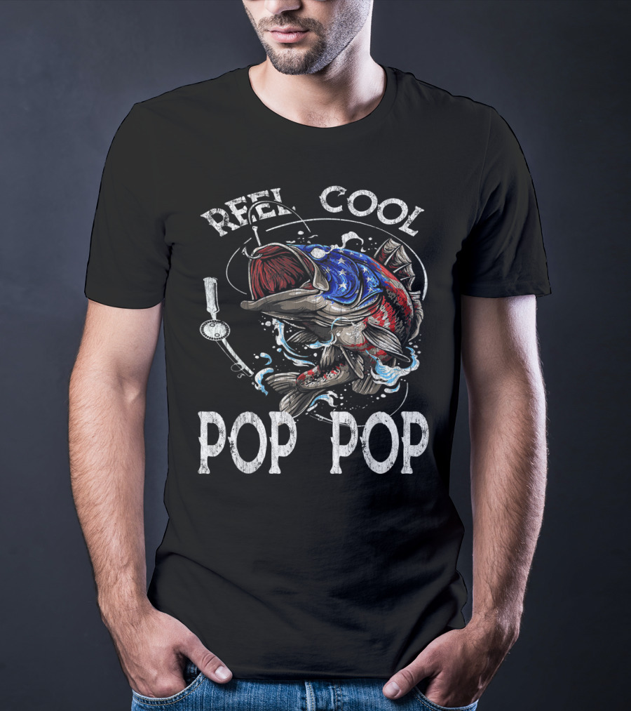 Reel Cool Pop Pop American Flag Bass Fish T-Shirt