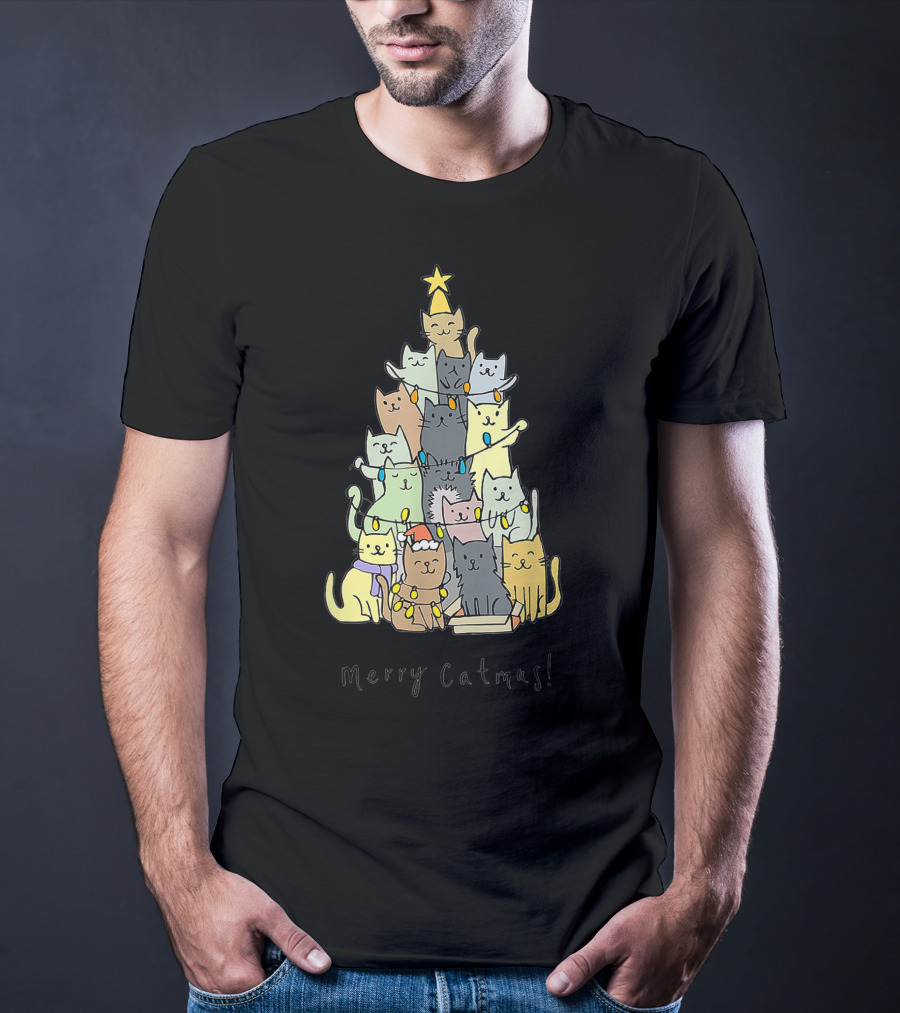 Merry Catmas Funny Cats Christmas Tree With Star And Decorations T-Shirt