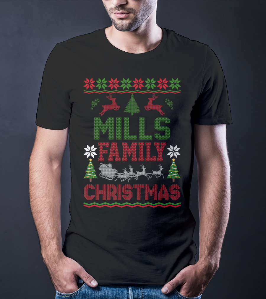 Mills Family Christmas Reindeer Sleigh Ugly Sweater Holiday Trees T-Shirt