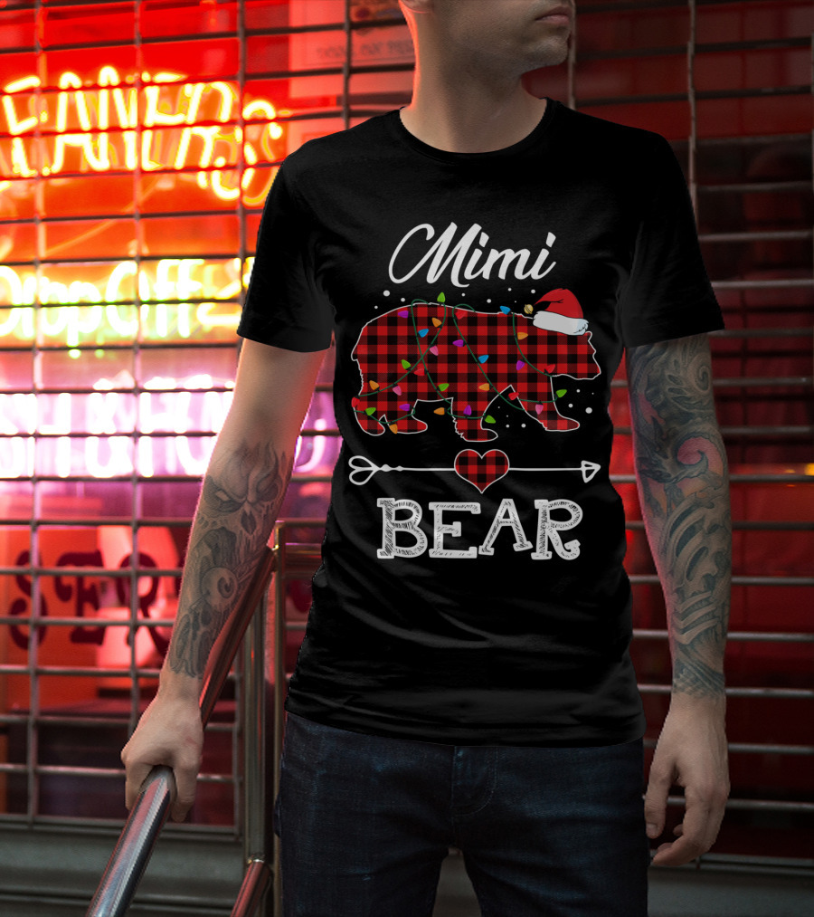 Mimi Bear Christmas Red Plaid Buffalo Santa Hat Lights T-Shirt
