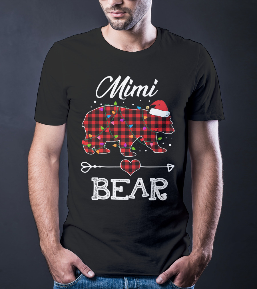 Mimi Bear Christmas Red Plaid Buffalo Santa Hat Lights T-Shirt