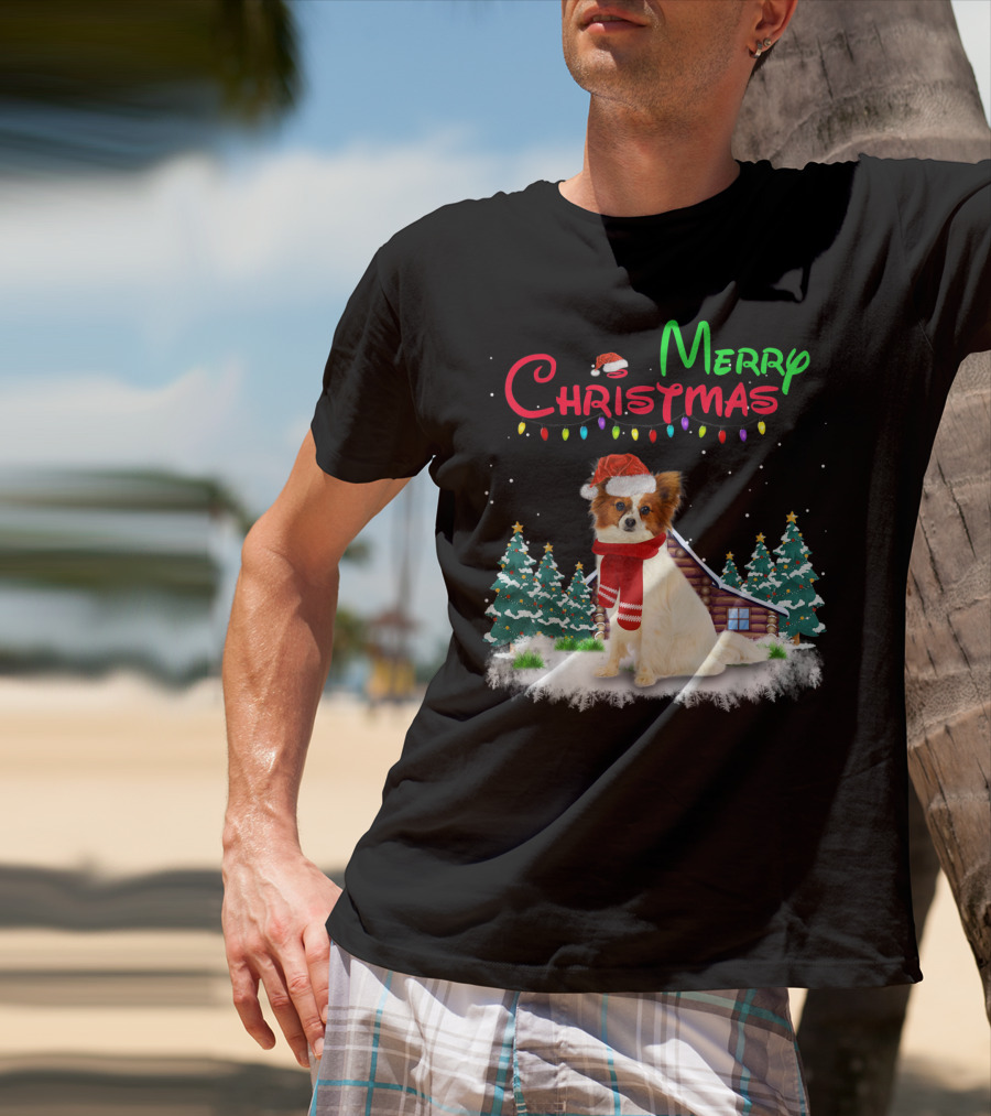 Papillon Dog With Santa Hat And Christmas Lights In Snowy Holiday Scene T-Shirt