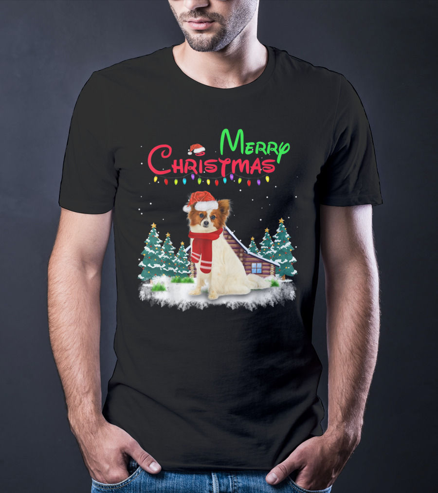 Papillon Dog With Santa Hat And Christmas Lights In Snowy Holiday Scene T-Shirt
