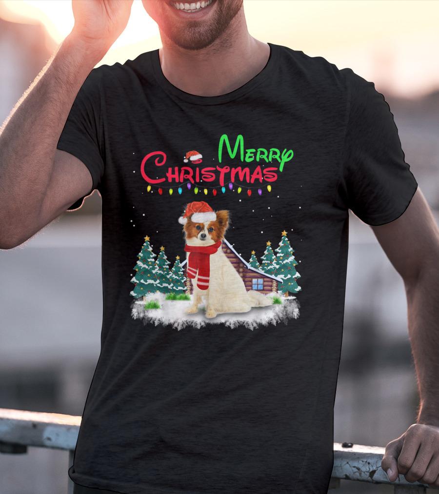 Papillon Dog With Santa Hat And Christmas Lights In Snowy Holiday Scene T-Shirt