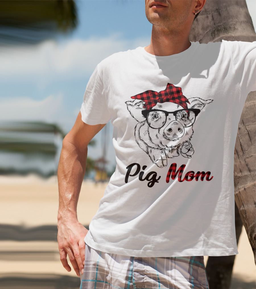 Pig Mom Piggy Outfit Mother Plaid Bow Glasses T-Shirt