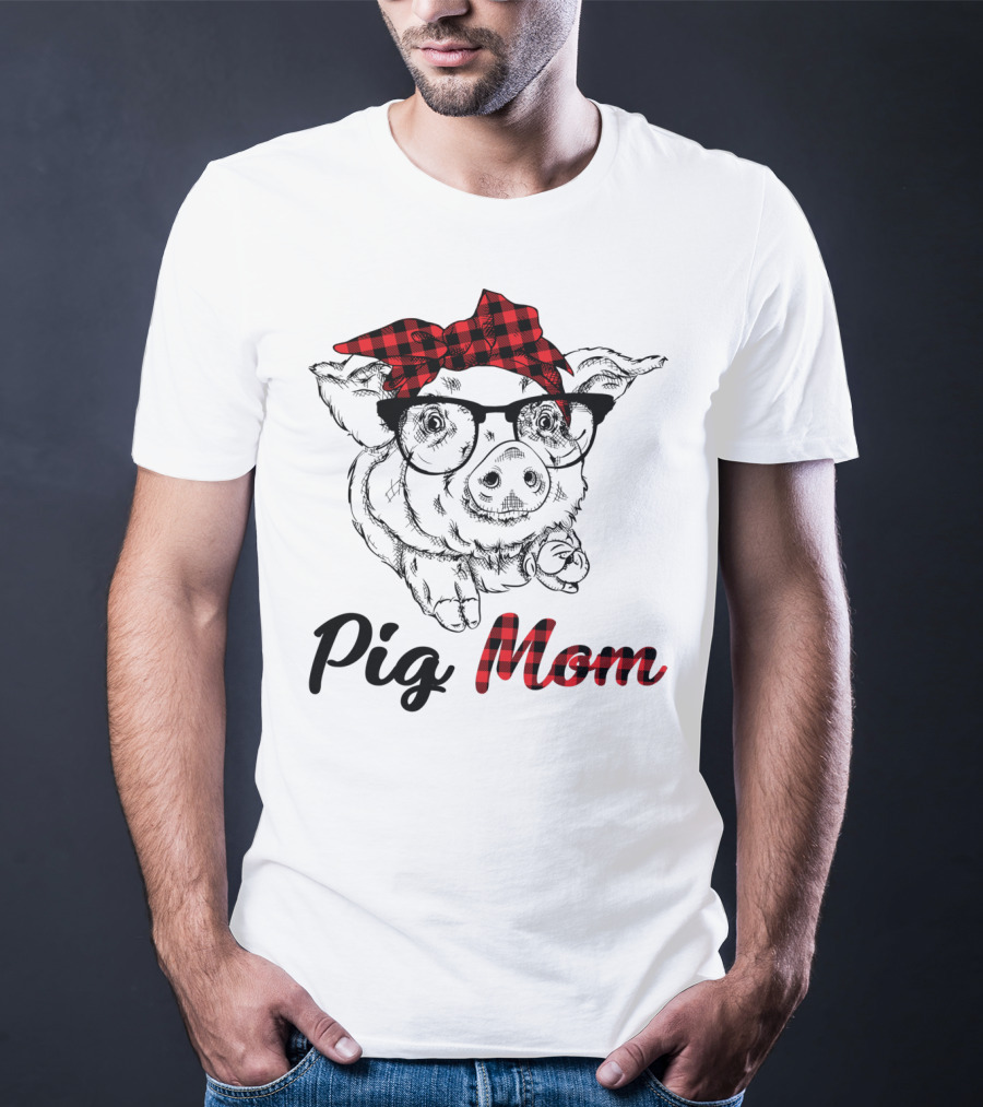 Pig Mom Piggy Outfit Mother Plaid Bow Glasses T-Shirt