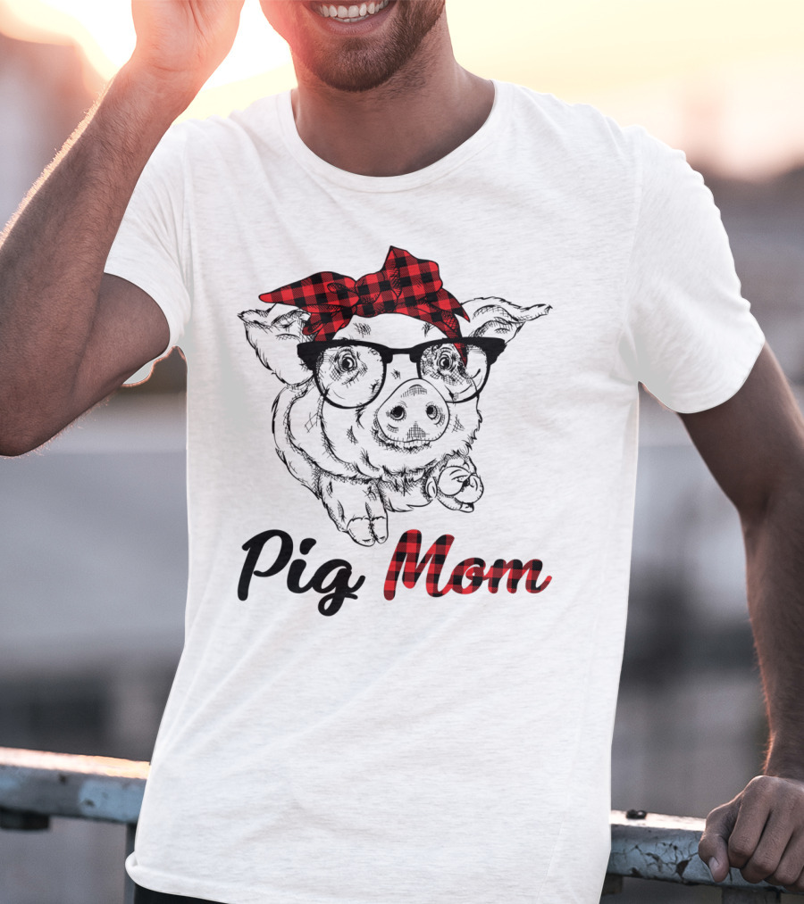 Pig Mom Piggy Outfit Mother Plaid Bow Glasses T-Shirt