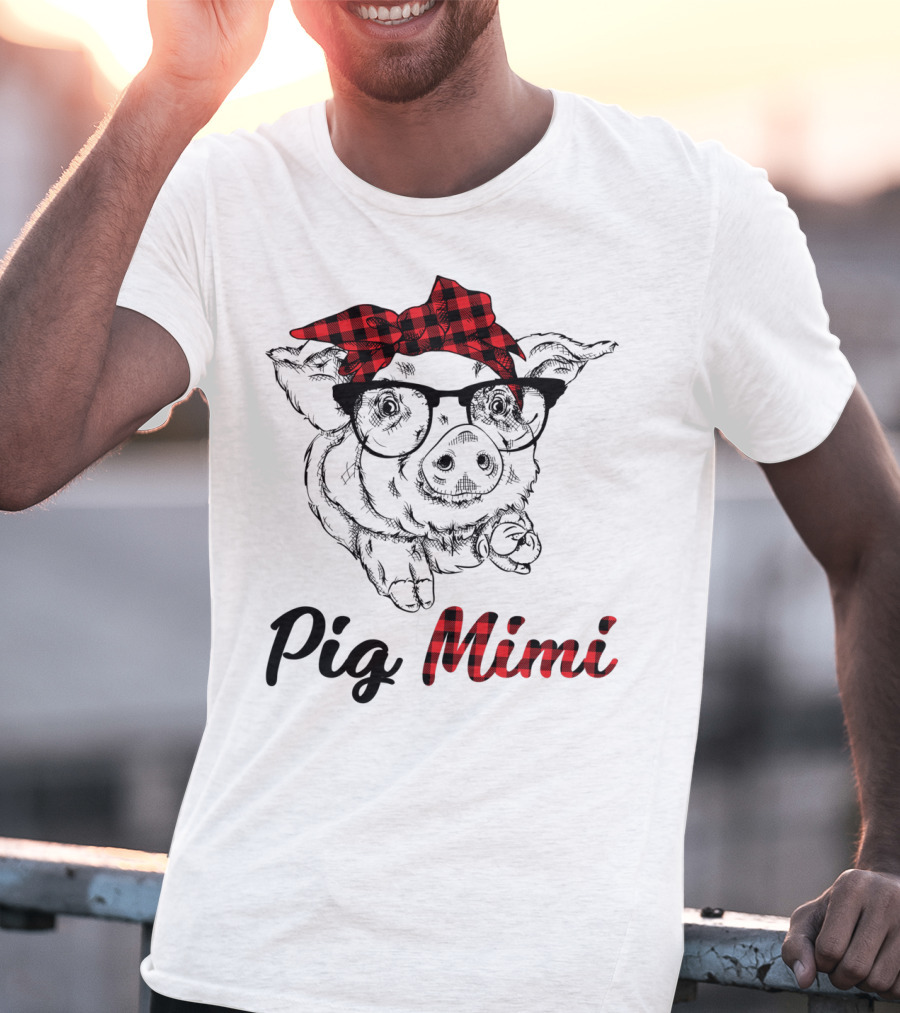 Pig Mimi Glasses Checkered Bow T-Shirt