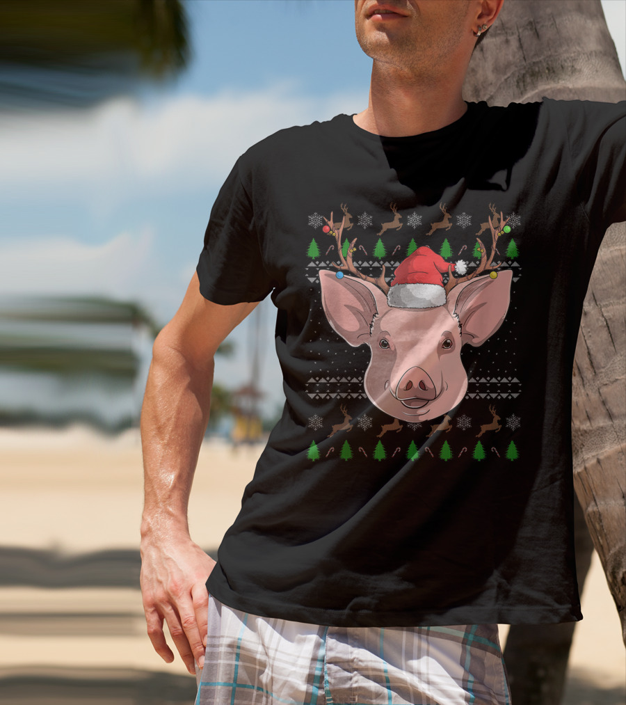 Pig Santa Claus Hat Reindeer Antlers Christmas Ornaments T-Shirt