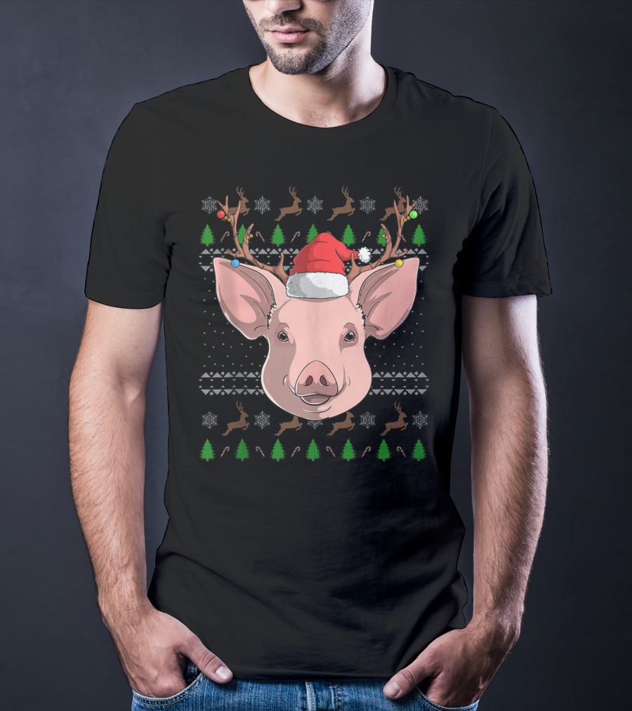 Pig Santa Claus Hat Reindeer Antlers Christmas Ornaments T-Shirt