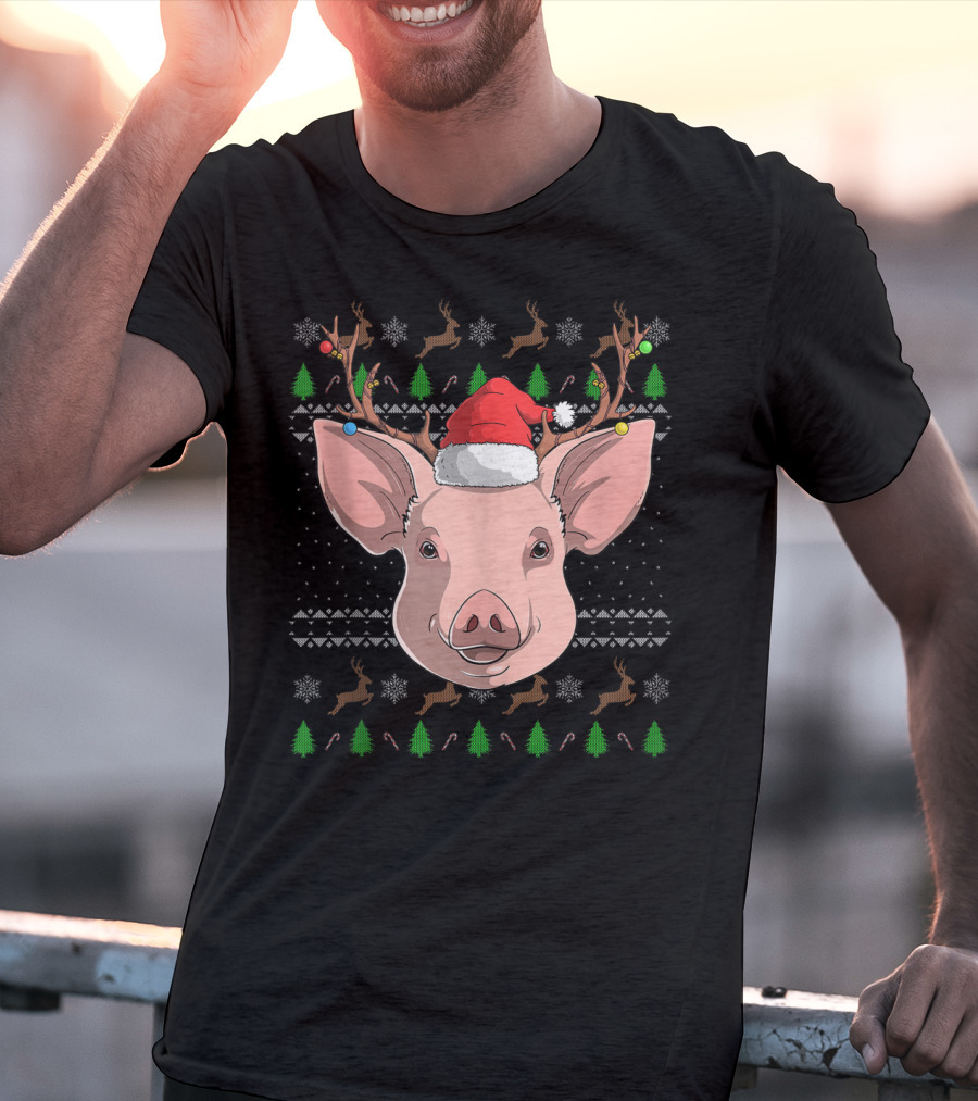 Pig Santa Claus Hat Reindeer Antlers Christmas Ornaments T-Shirt