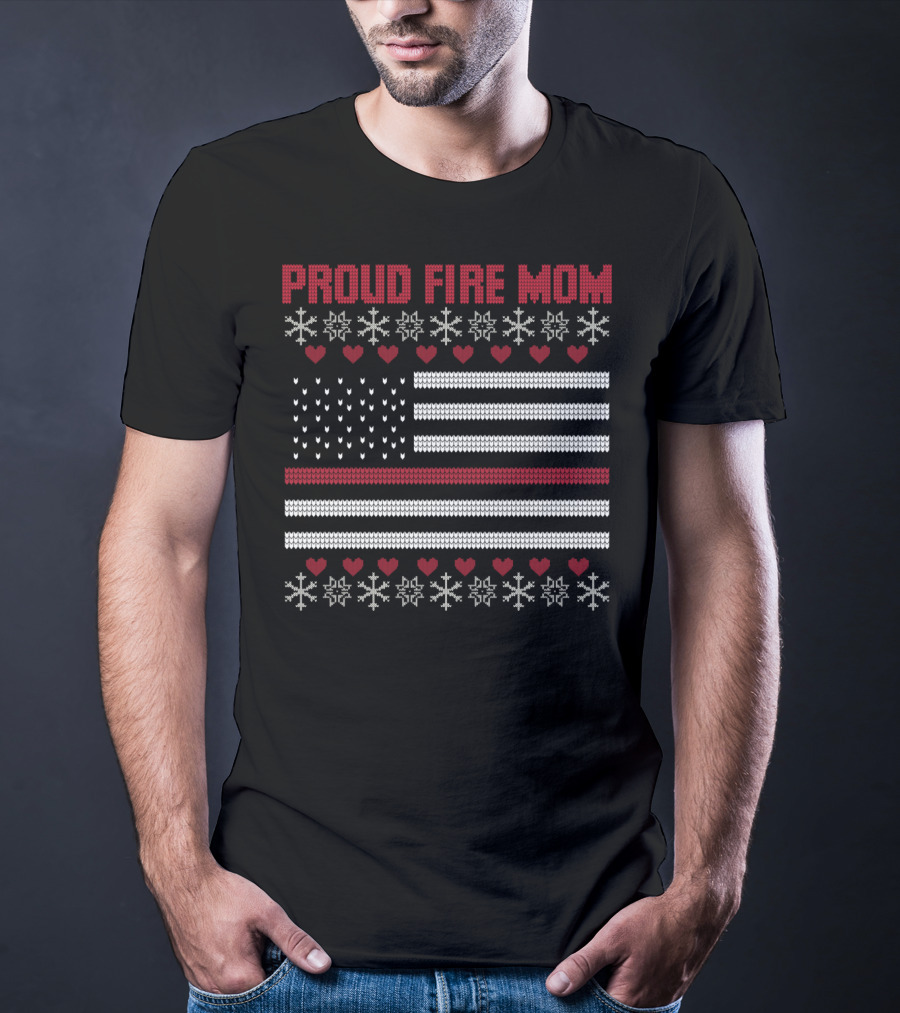 Proud Fire Mom Thin Red Line American Flag Snowflakes Hearts T-Shirt