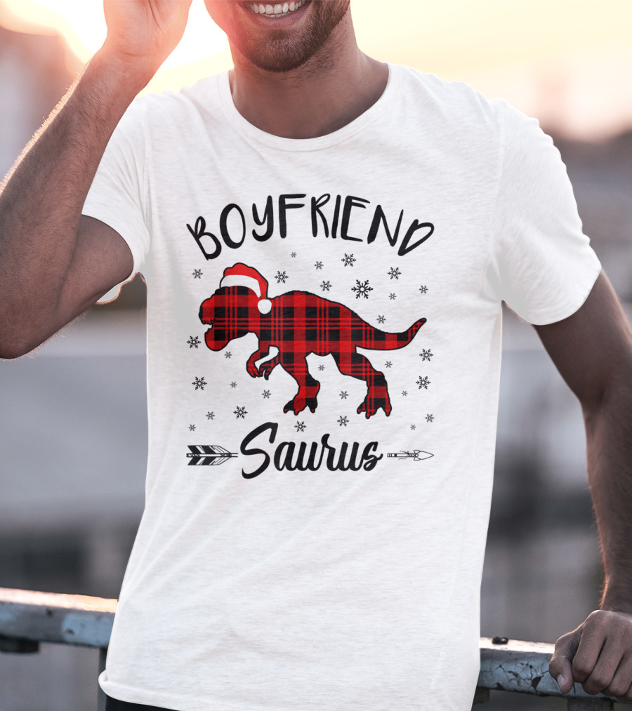 Boyfriend Saurus Red Plaid Dinosaur Christmas Hat T-Shirt