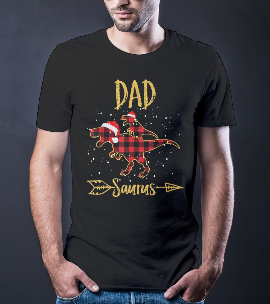 Dad Saurus Red Plaid Dinosaur With Santa Hat T-Shirt
