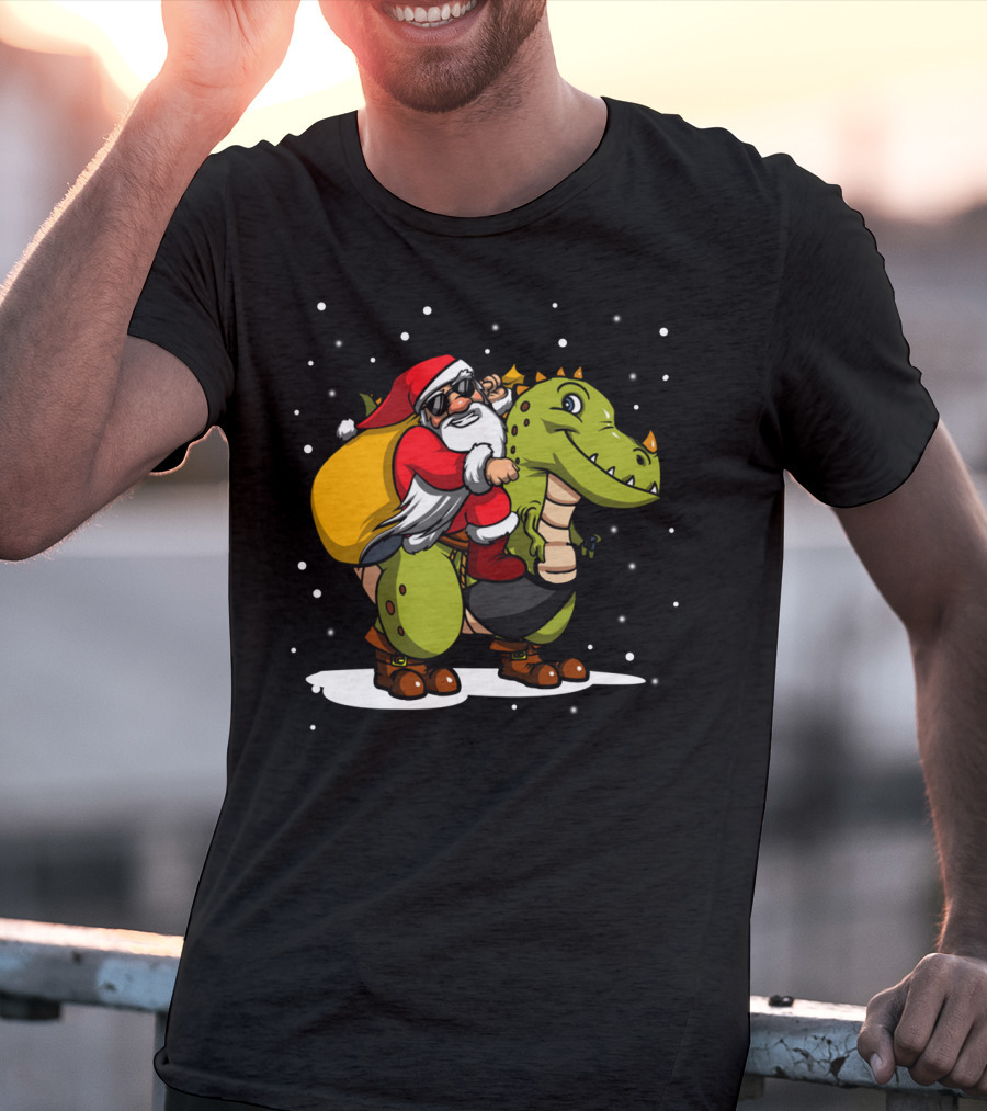 Santa Riding Dinosaur Christmas Trex Snowy Night Scene T-Shirt