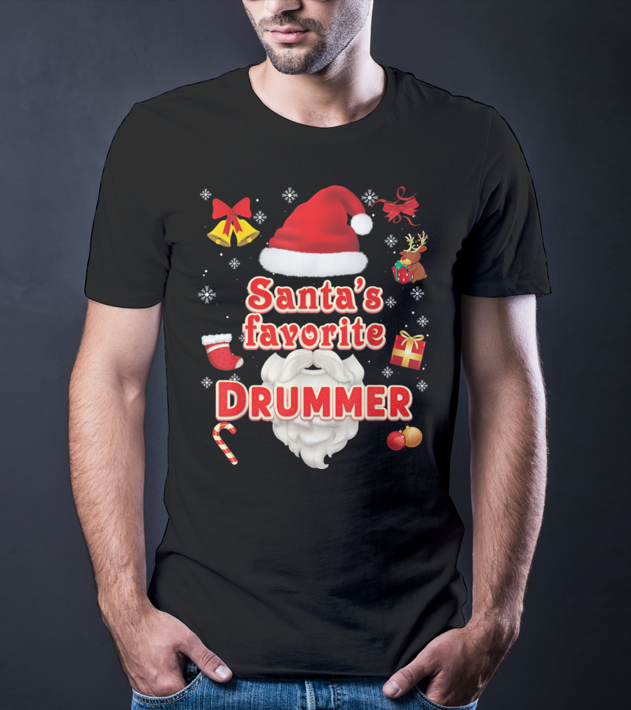 Santa's Favorite Drummer Christmas Santa Hat Reindeer Gift Bells Snowflakes Candy Cane Ornaments T-Shirt